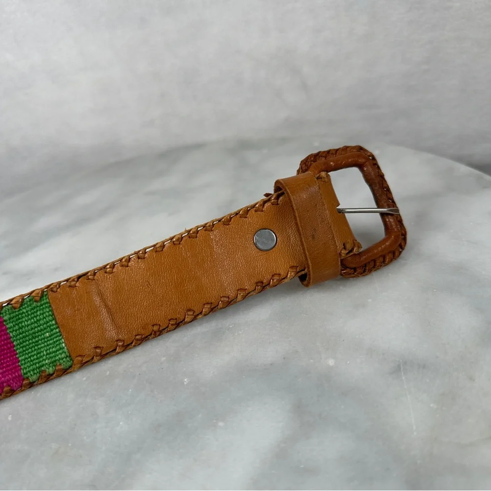 Brown Leather Belt Multicolor Woven Design‎ Guatemalan boho bohemian western